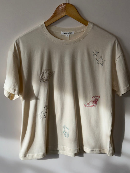 Wishlist - Tan Boxy Tee w/ Western Inspired Embroidery