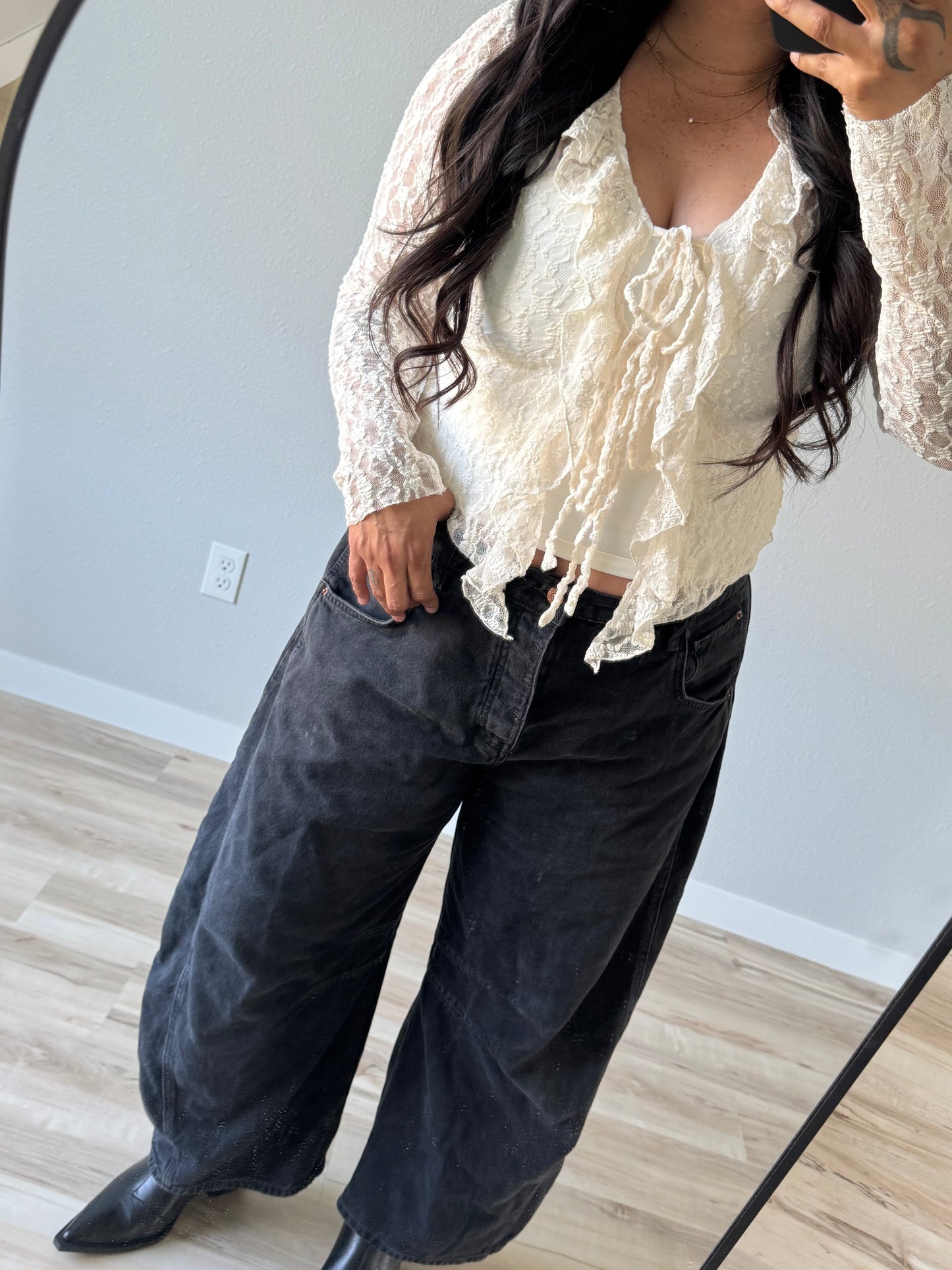 Dress Forum - Ivory Lace Long Sleeve Tie Front Top