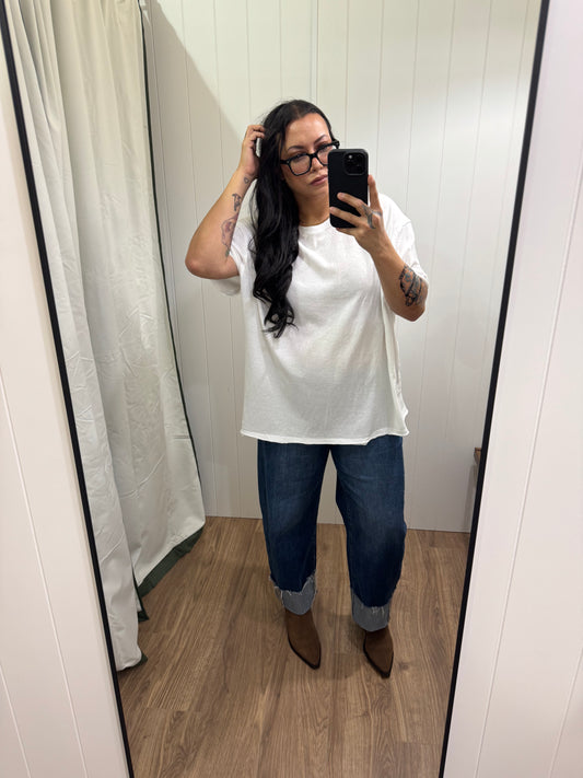 High rise cuff bottom barrel jeans