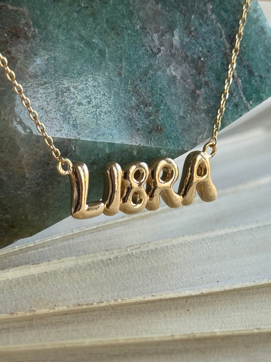 Fame Accessories - Gold Dipped Zodiac Bubble Letter Bar Necklace