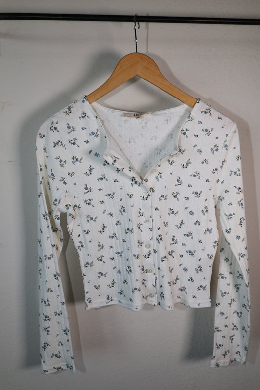 FLORAL POINTELLE BUTTON DOWN LONG SLEEVE CARDIGAN