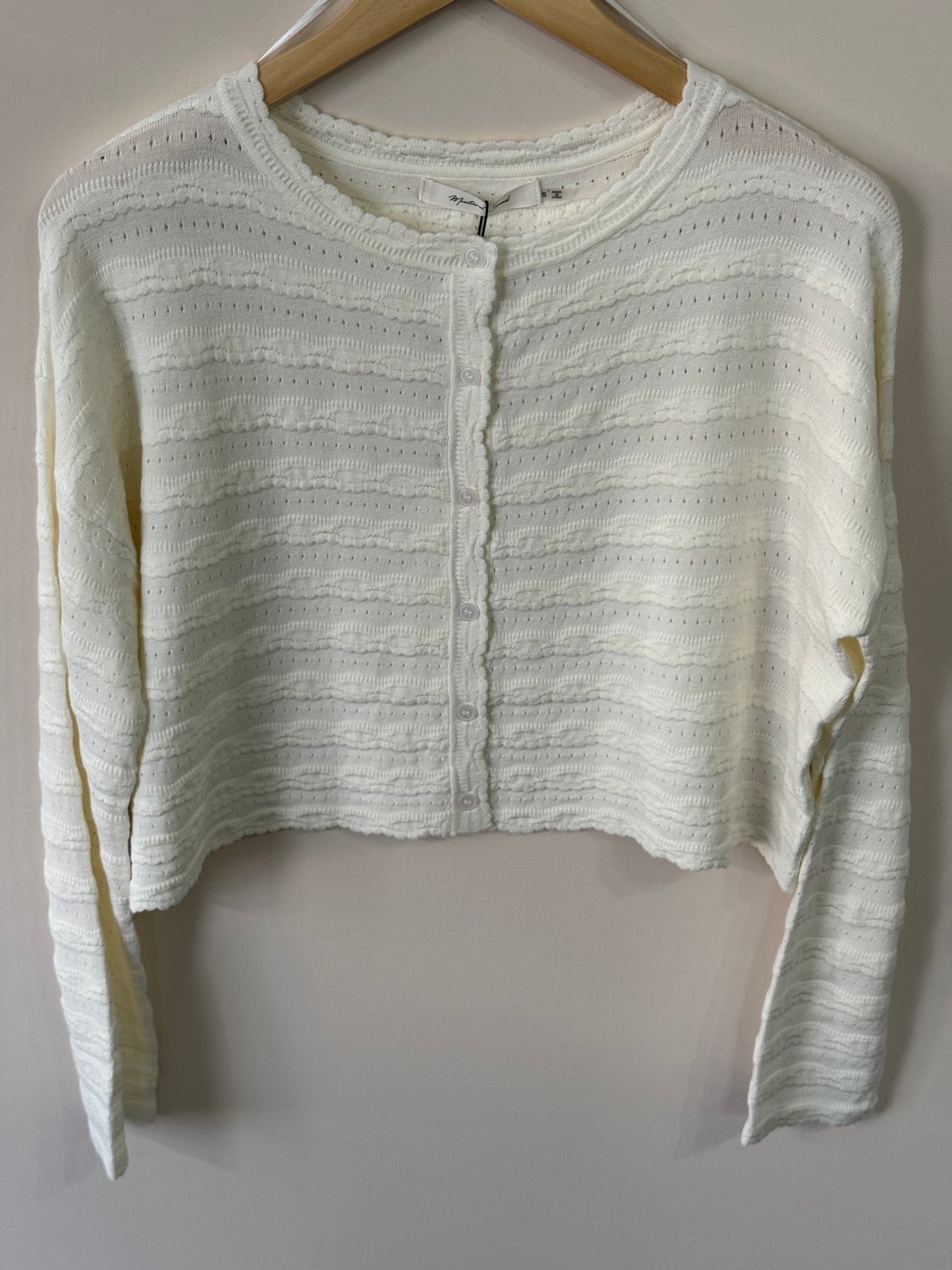 Mustard Seed - Scalloped Edge Pointelle Cropped Cardigan
