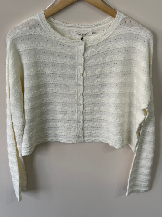 Mustard Seed - Scalloped Edge Pointelle Cropped Cardigan