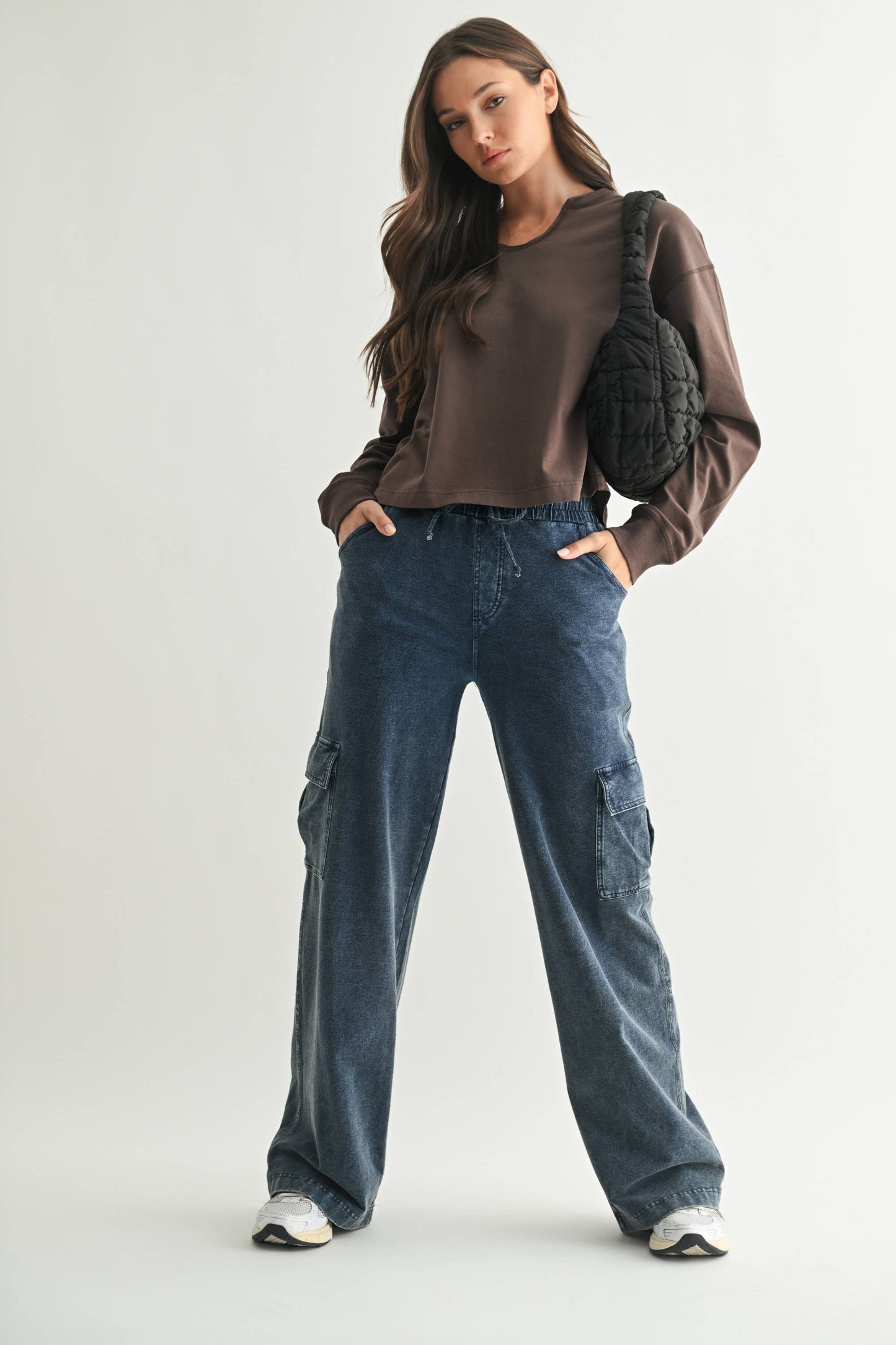 Mono B - Mineral Wash Wide Leg Cotton Cargo Pants