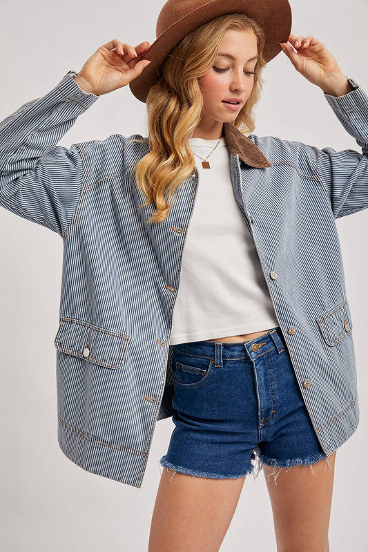 Bluivy - DENIM CORDUROY COLLAR CONTRAST BARN COAT
