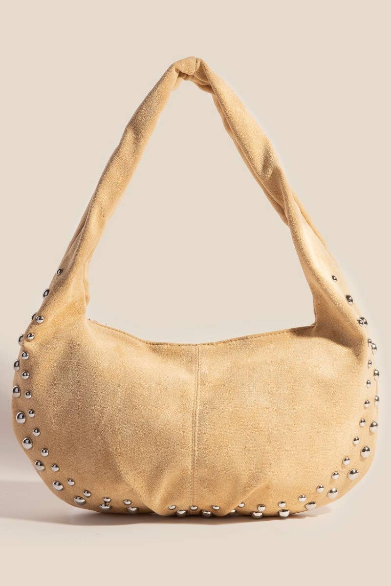 Metallic Studded Faux Suede Hand Bag