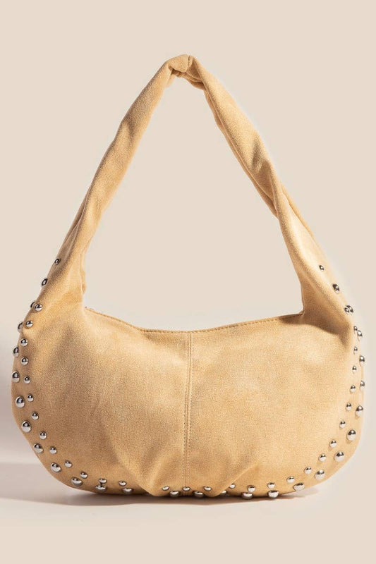Metallic Studded Faux Suede Hand Bag