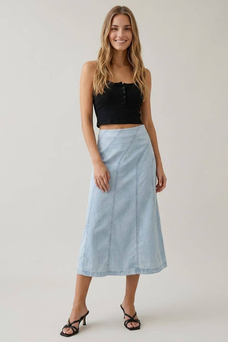 Doe and Rae - DENIM DIAGONAL LINE DETAIL MIDI SKIRT - 6640S