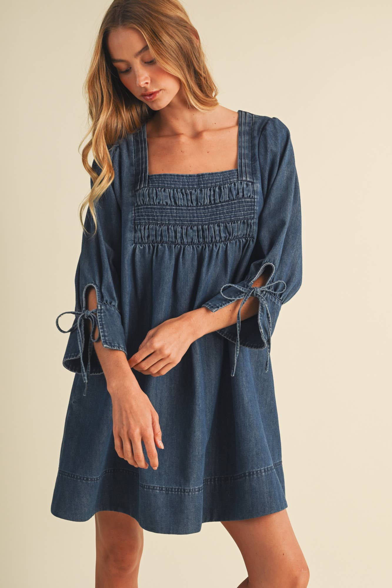 Mustard Seed - Square-Neck Smocked Denim Trapeze Dress