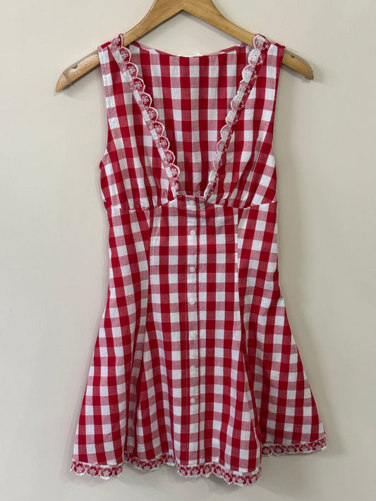TicToc - Red/White Picnic Gingham Lace Trim V-neck Mini Dress