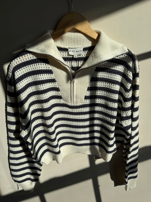 Miou Muse - Navy/Cream Crochet Style Quarter-zip Sweater