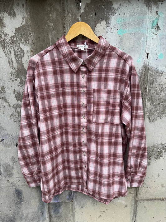 Wishlist - Pink/Mocha Long Flannel Top