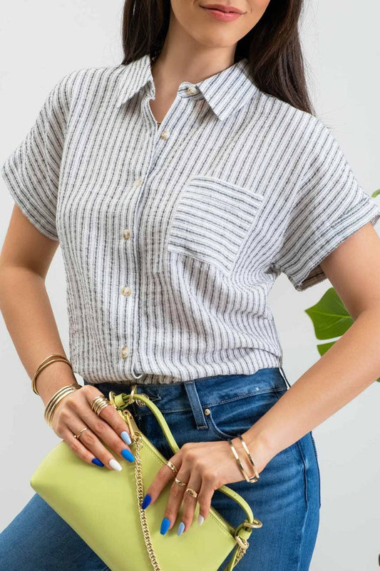 Blu Pepper - STRIPE COLLARED SHORT SLEEVE LINEN SHIRT