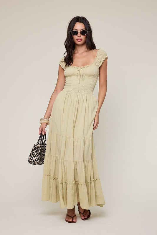 Soft light green Maxi dress featuring smocked bodice and layers through the legs, such a beautiful spring style 