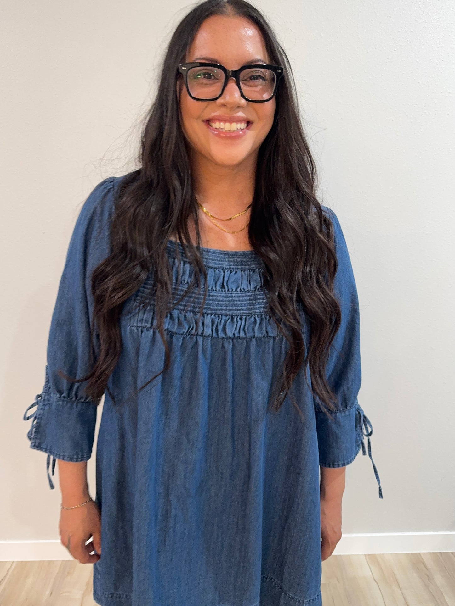 Mustard Seed - Square-Neck Smocked Denim Trapeze Dress