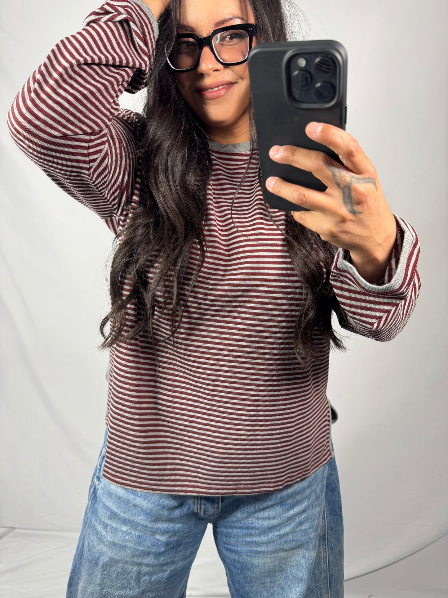 Wishlist - Burgundy/Grey Striped Long Sleeve Shirt