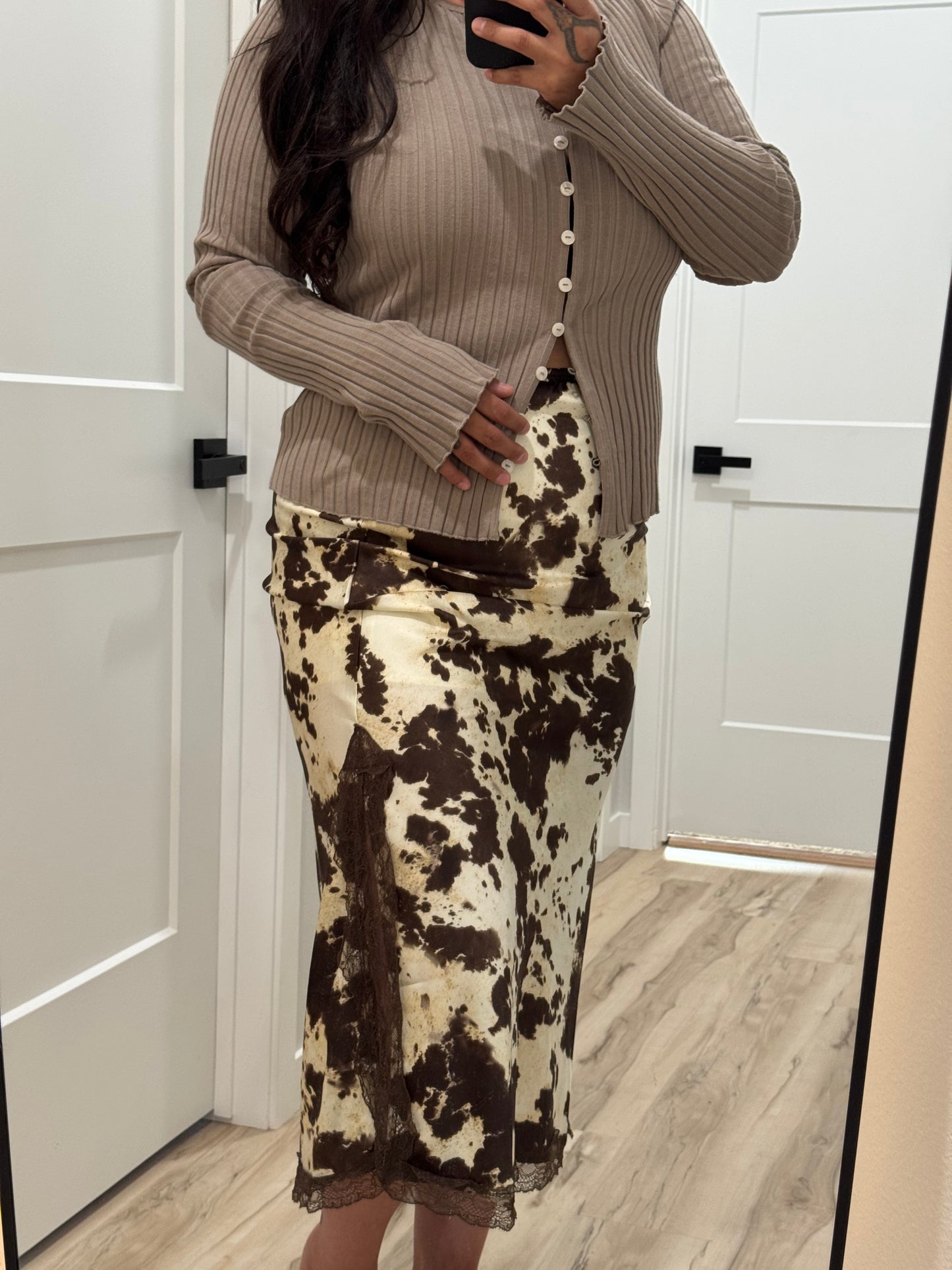 Hyfve - Lace Trimmed Cow Print Midi Skirt
