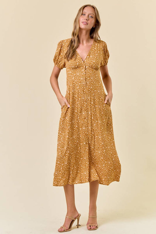 Doe and Rae - DITSY FLORAL PRINT V-NECK PUFF SHORT SLEEVE DRESS