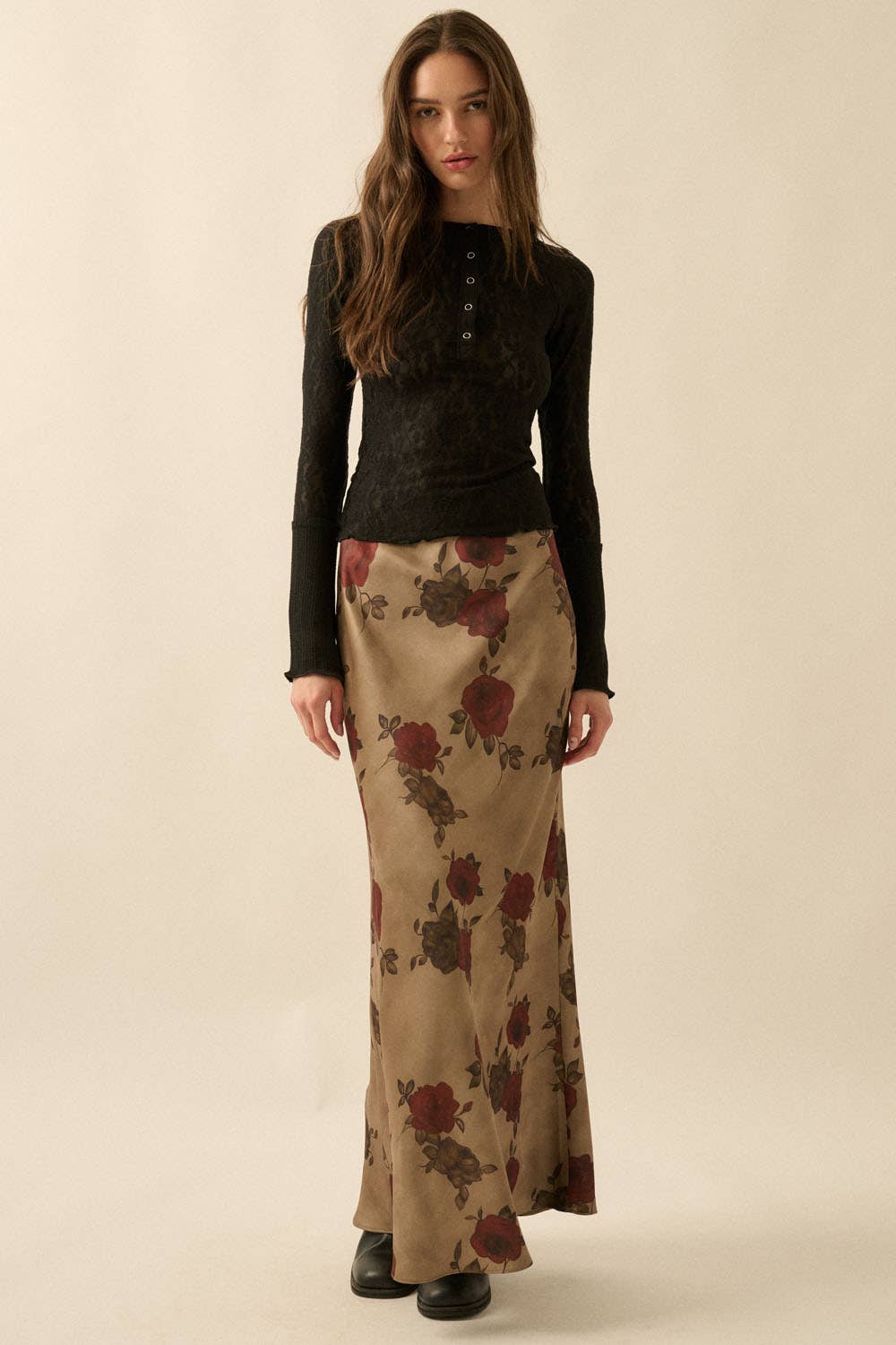 Promesa USA - Floral-Print Satin Elastic-Waist Maxi Skirt