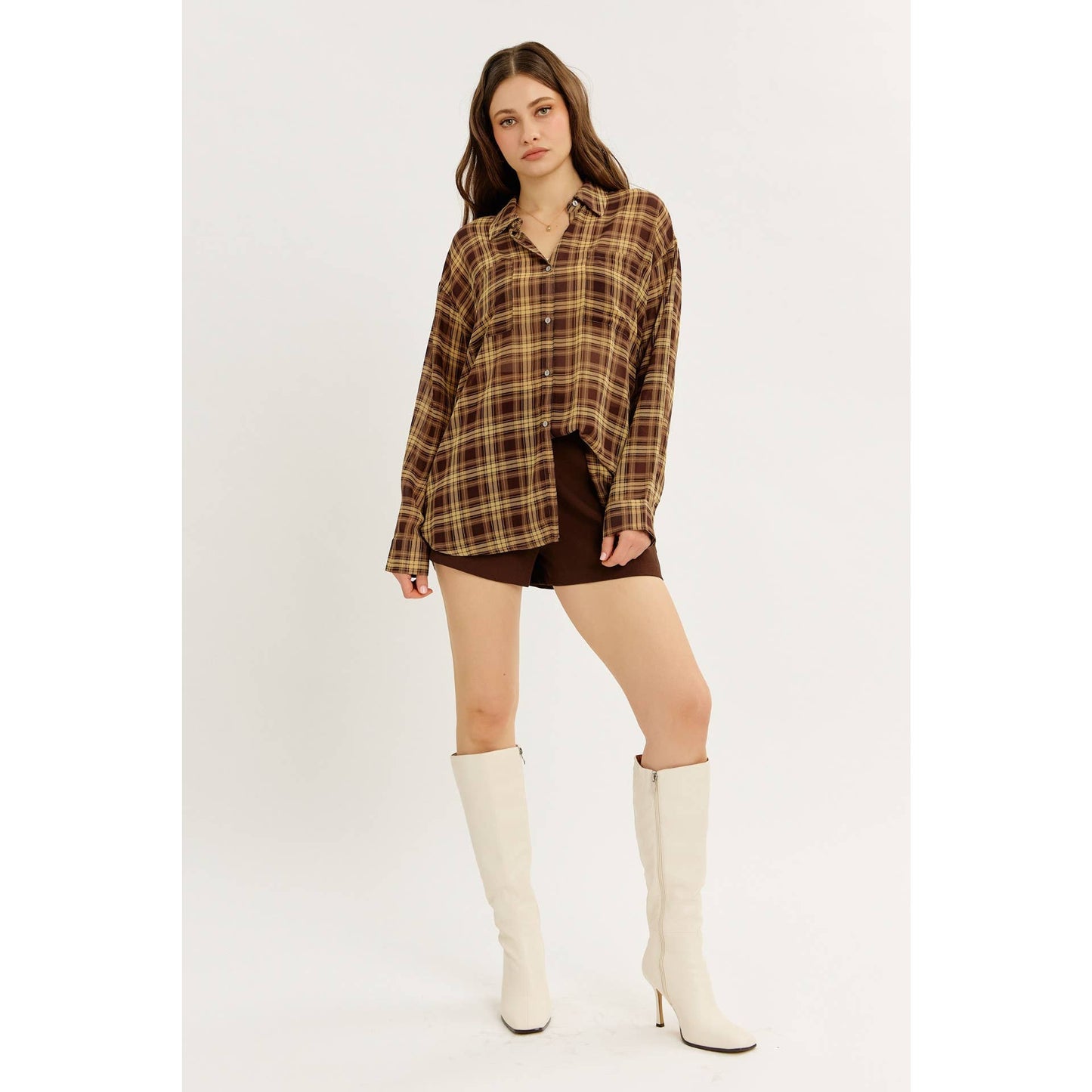 idem ditto - EDGY TRANSPARENT SHEER PLAID CHIFFON BUTTON-DOWN SHIRT