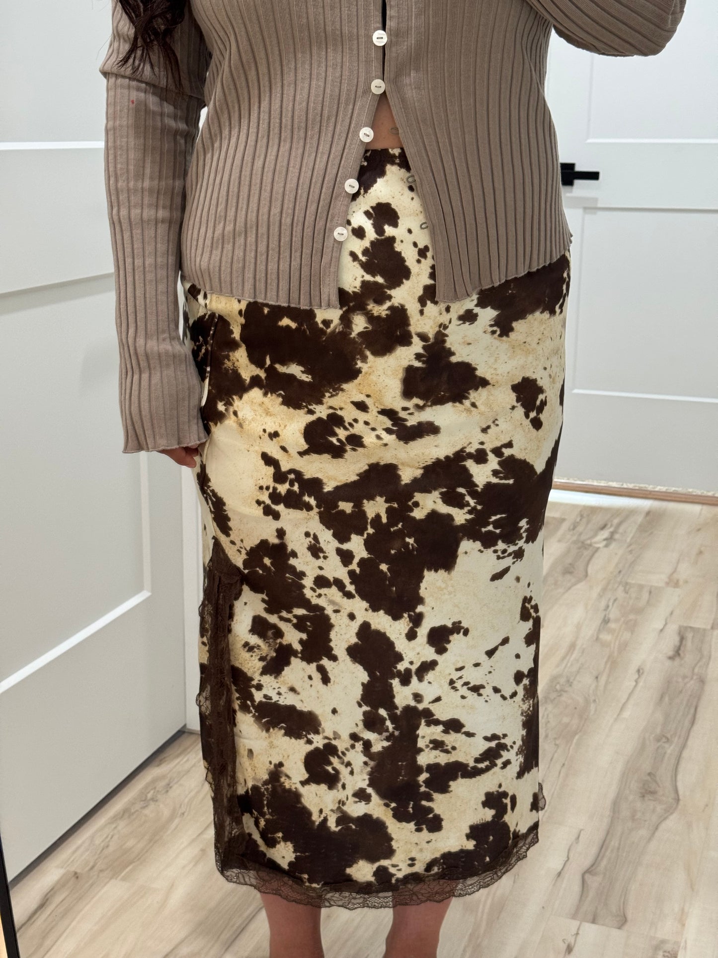 Hyfve - Lace Trimmed Cow Print Midi Skirt
