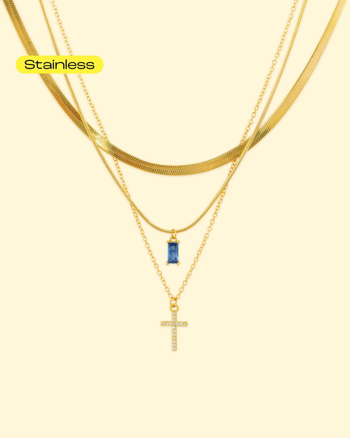 Stainless 3 Layered CZ Cross & Baguette Pendant Necklace