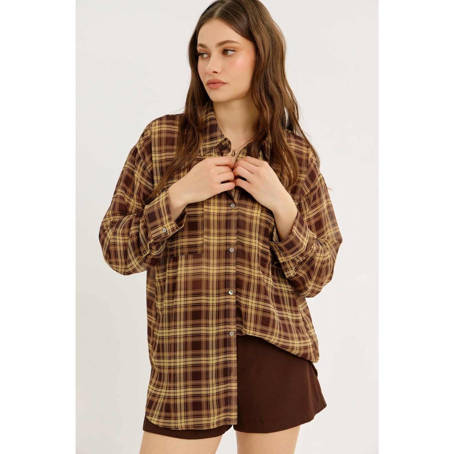 idem ditto - EDGY TRANSPARENT SHEER PLAID CHIFFON BUTTON-DOWN SHIRT