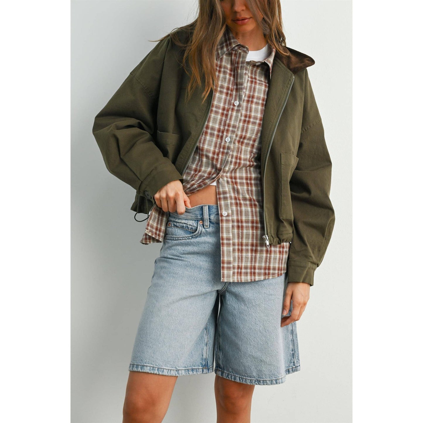 BUTTERMELON - Collared Zip-Up Drawstring Jacket