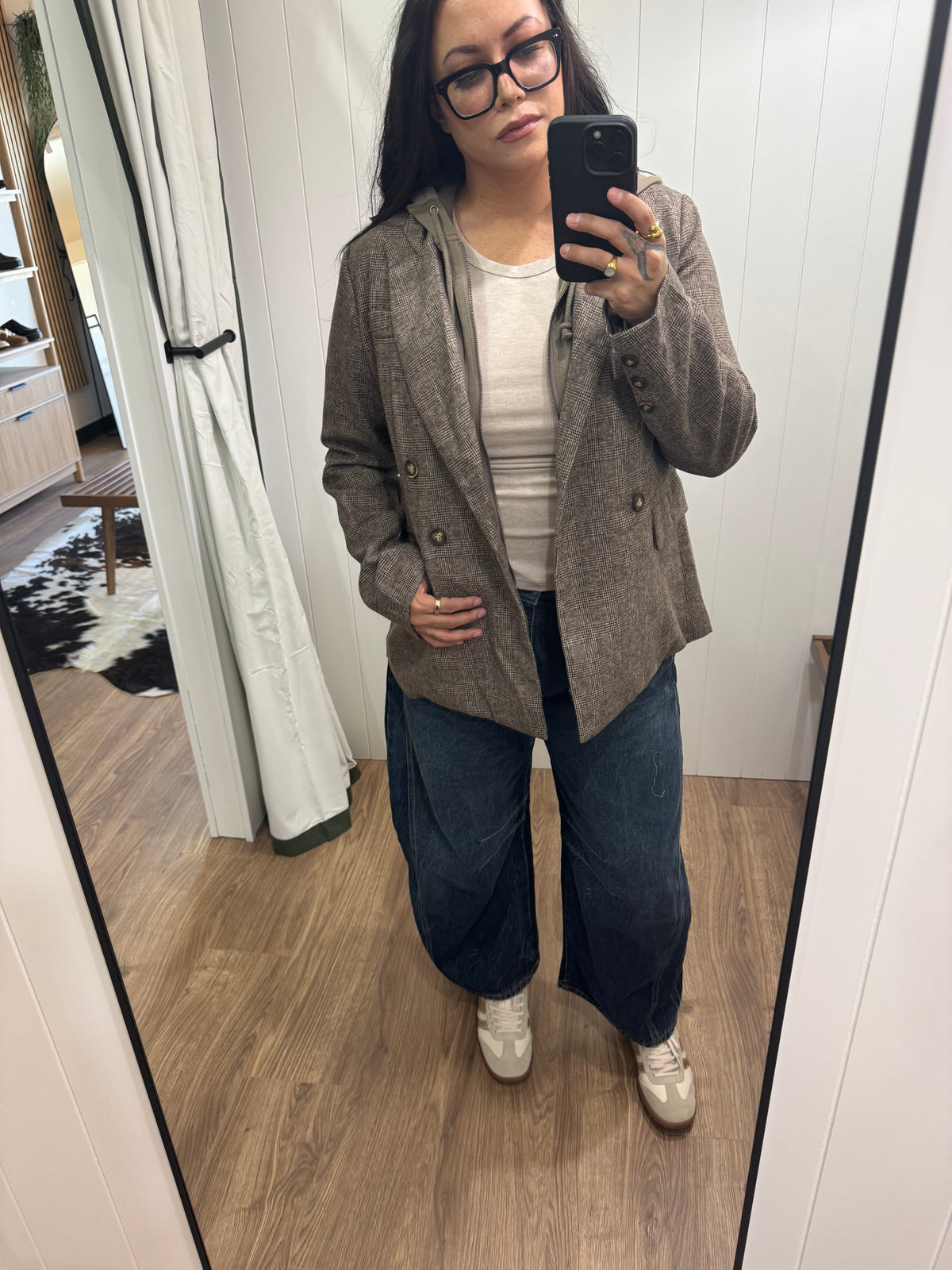 Downtown Hoodie plaid blazer twofer style