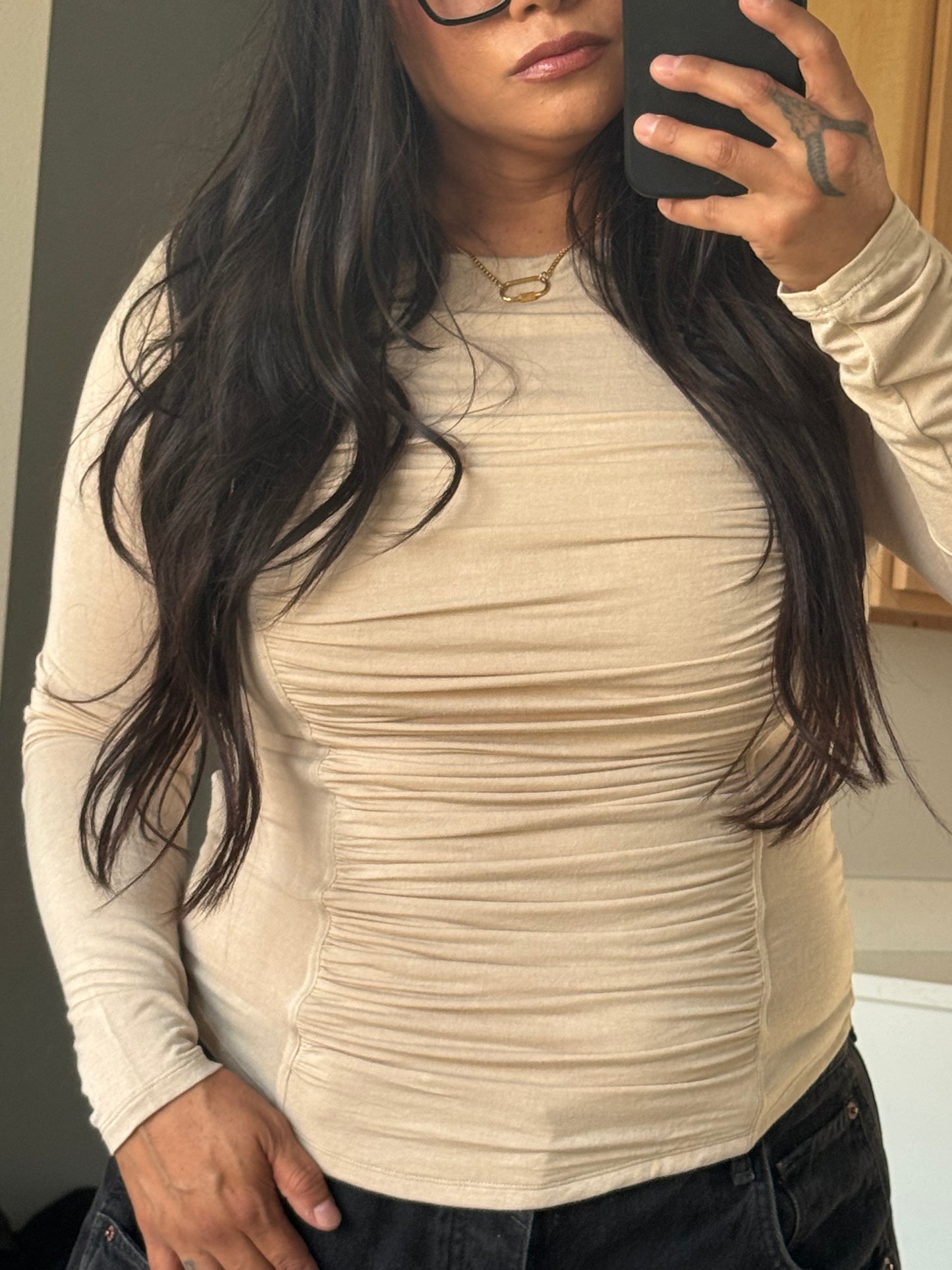 Mustard Seed - Tan Ruched Long Sleeve Top