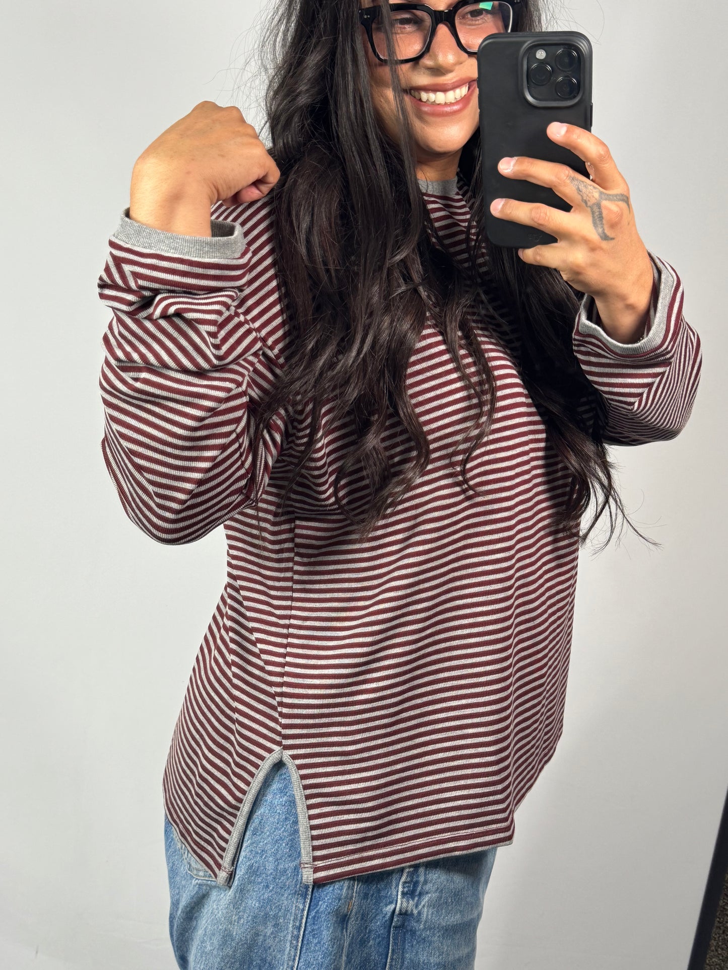 Wishlist - Burgundy/Grey Striped Long Sleeve Shirt