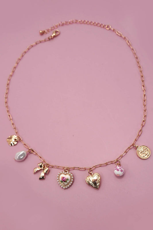 JOSSLYN by wall to wall - CERAMIC PORCELAIN BOW HEART CHARM LINK NECKLACE
