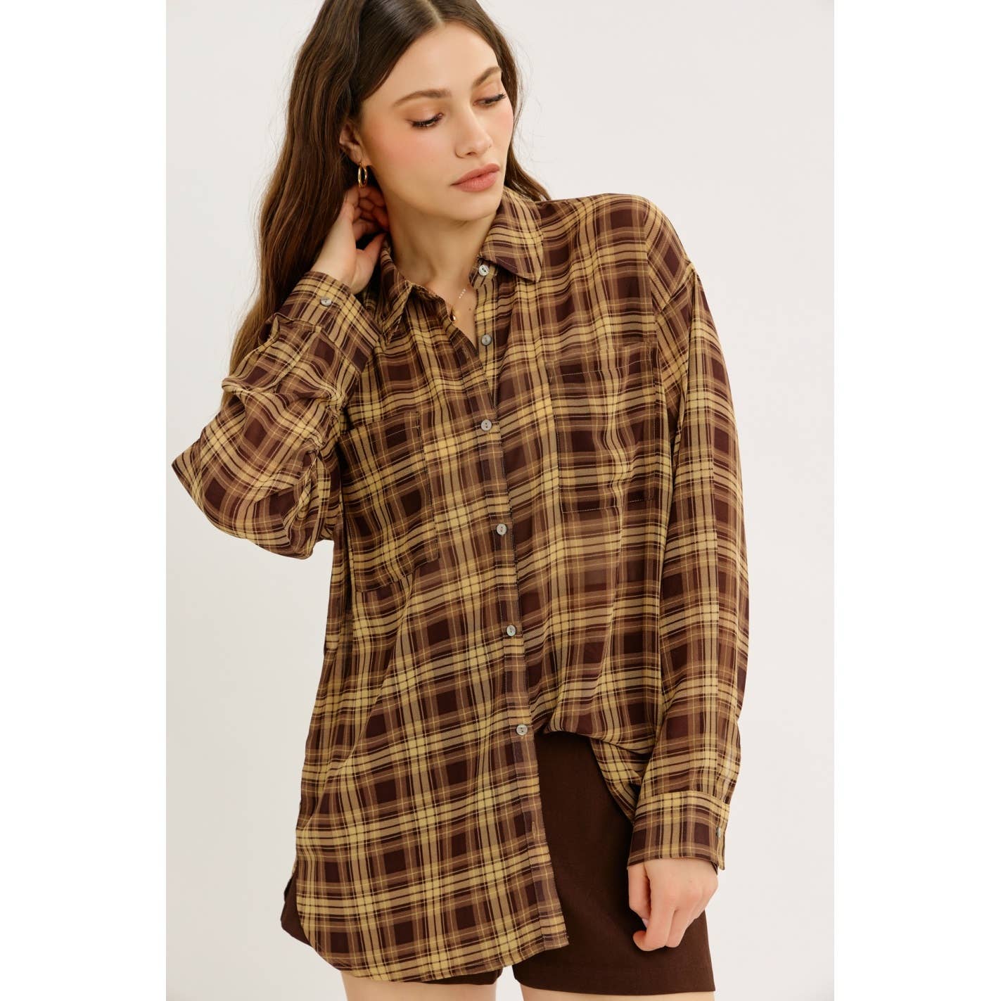 idem ditto - EDGY TRANSPARENT SHEER PLAID CHIFFON BUTTON-DOWN SHIRT