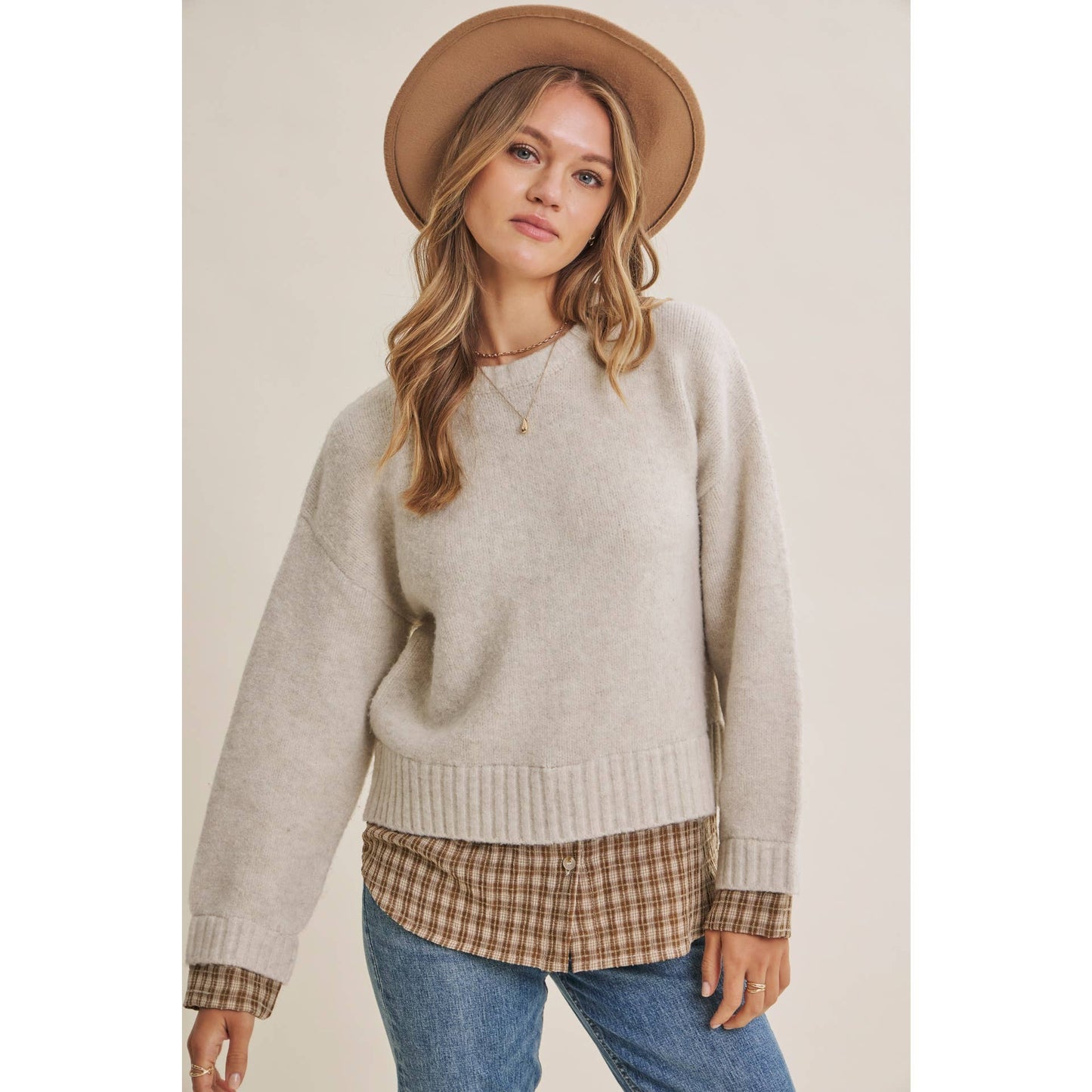 in february - COUNTRY ROAD LAYERED PLAID HEM TWOFER SWEATER TOP