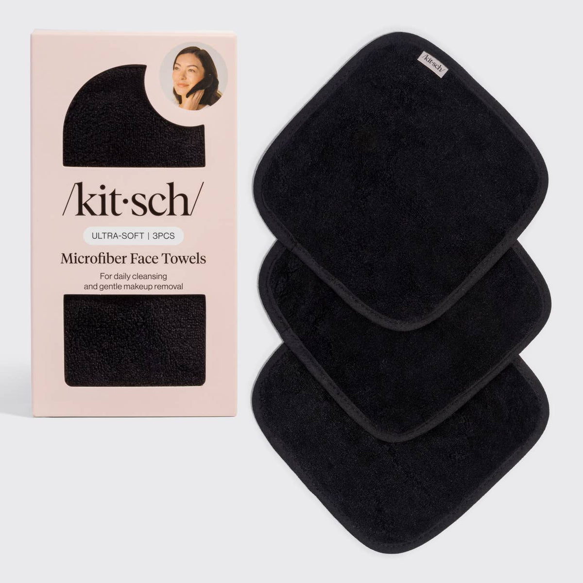 KITSCH - Microfiber Face Towels 3pc Set - Black