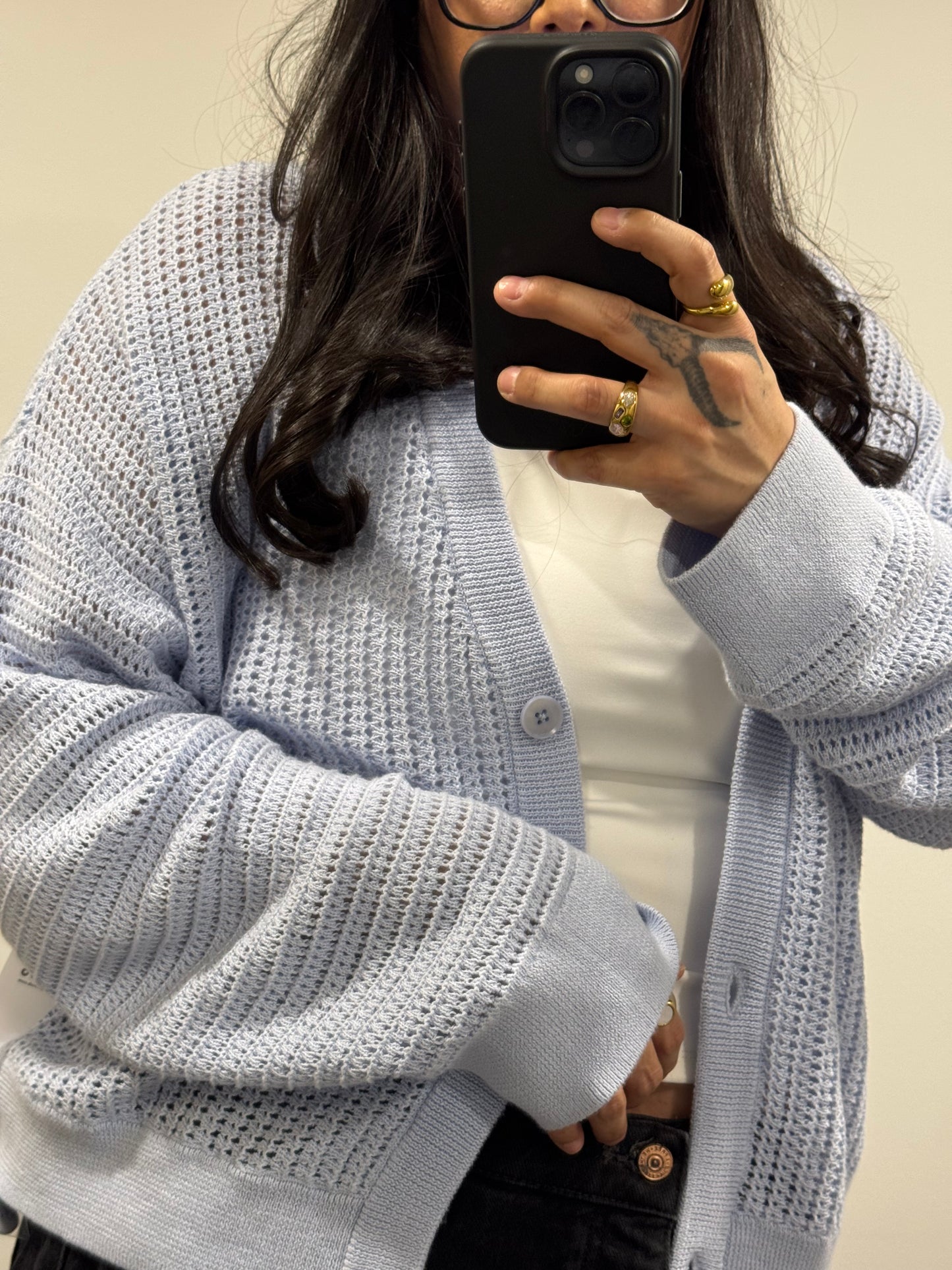 Mono B - Coastal Crochet Open Knit Button-front Cardigan