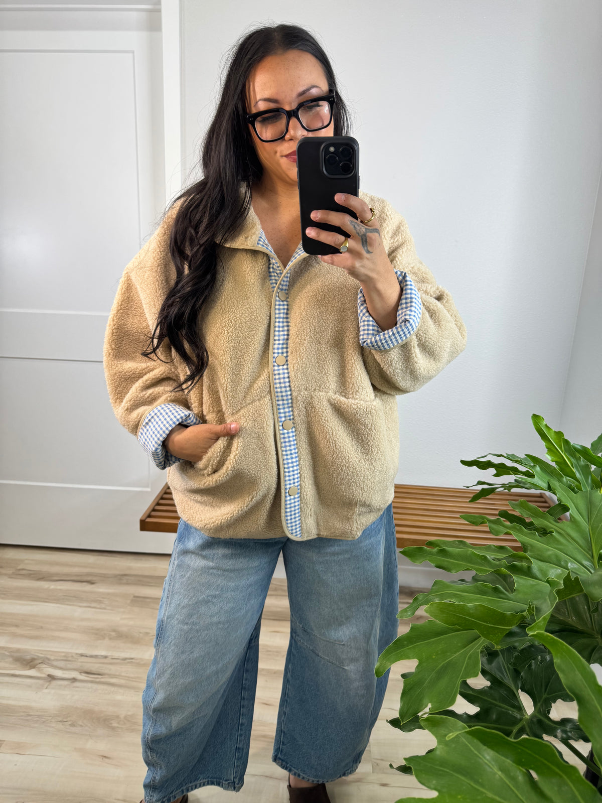 Are You Joking gingham sherpa snap jacket