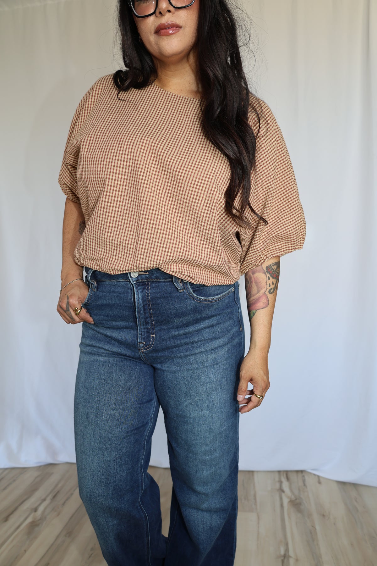 Let The Leaves Fall crop gingham dolman sleeve top