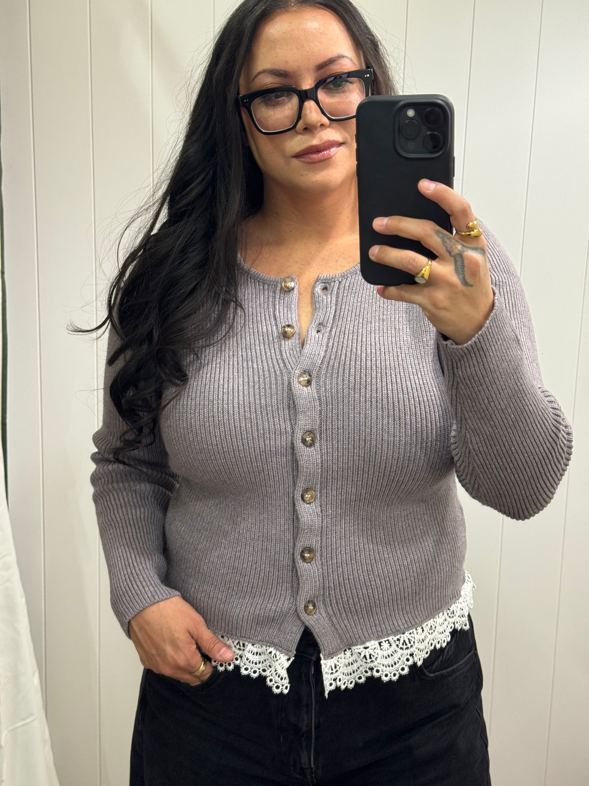 Tea On The Terrace ribbed knit lace trim cardigan