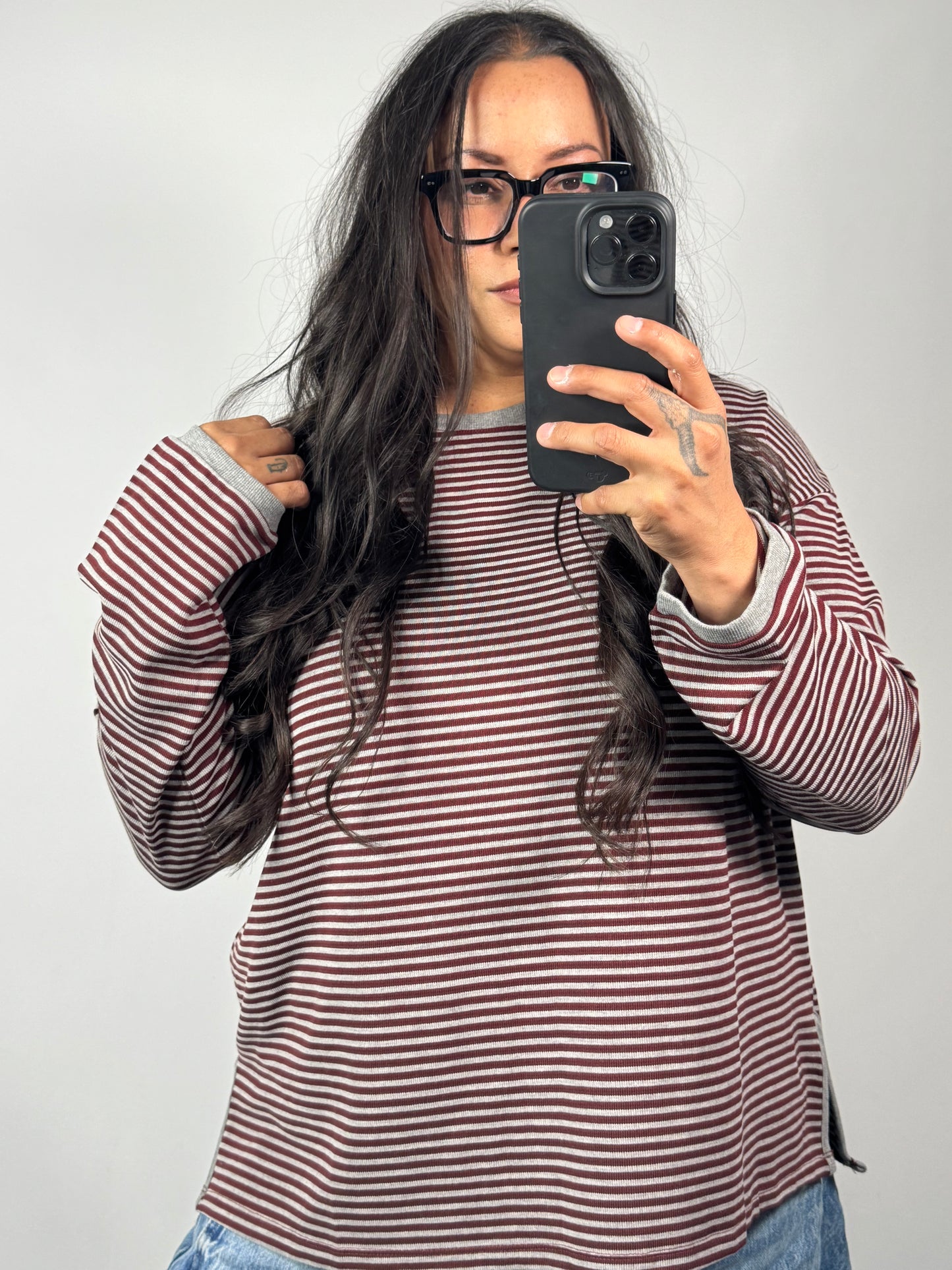 Wishlist - Burgundy/Grey Striped Long Sleeve Shirt