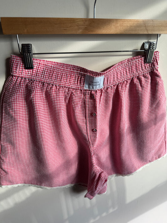 Things Between - Red/White Micro Gingham Lace Trim Boxer Style Shorts