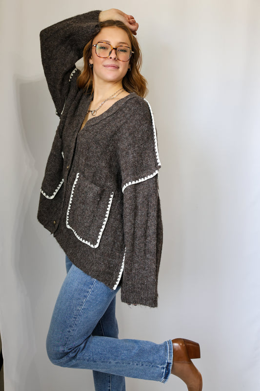 Polagram by Wellmade USA - INSIDE OUT STITCH DETAIL BUTTON UP SWEATER