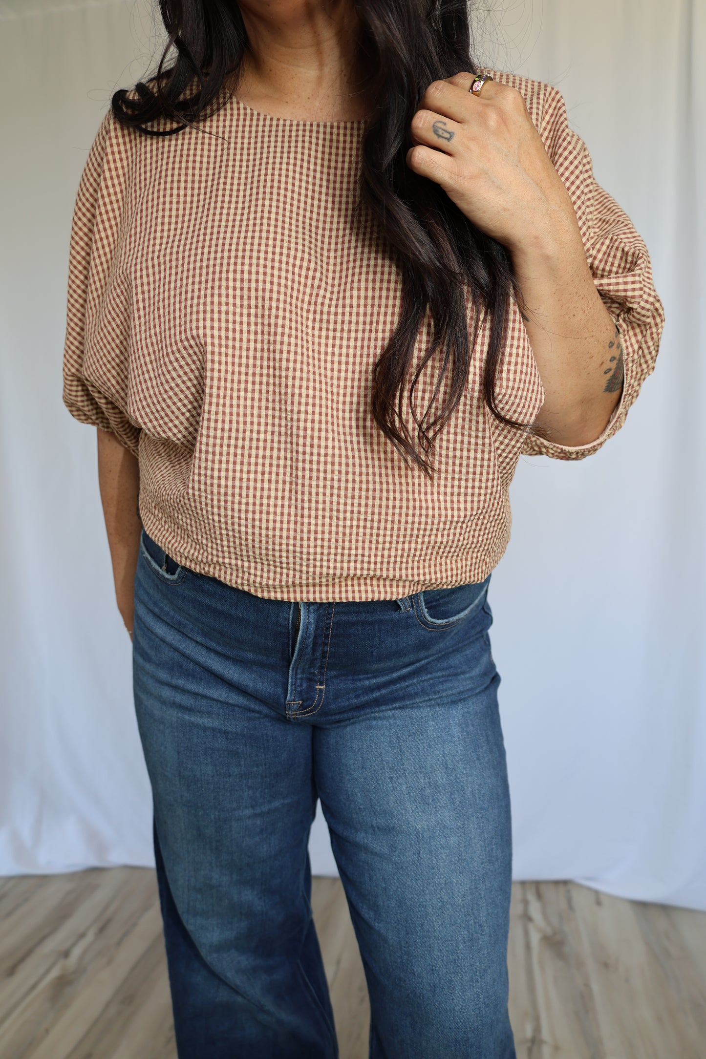 Let The Leaves Fall crop gingham dolman sleeve top