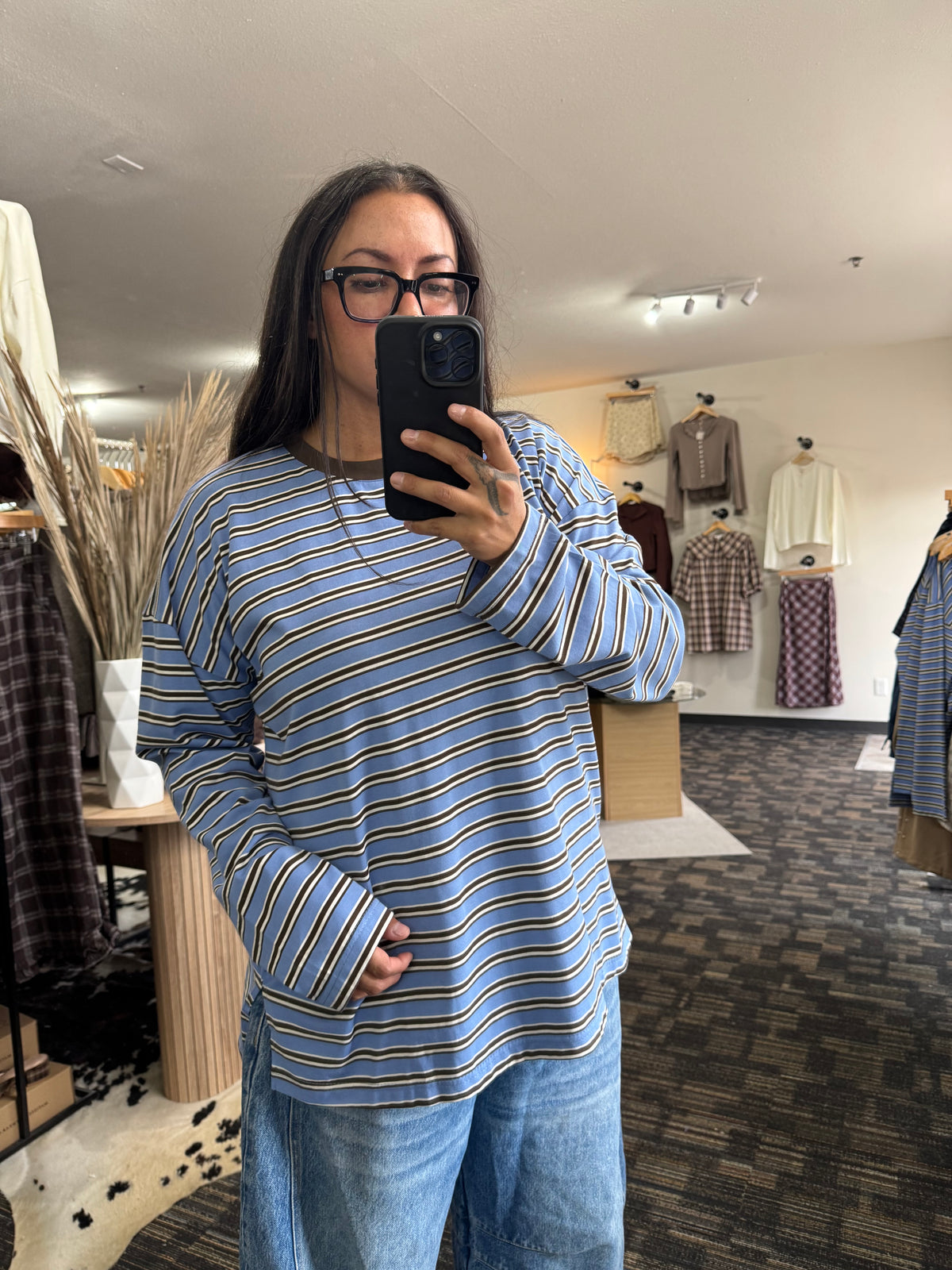 Turn It Up stripe long sleeve crewneck top
