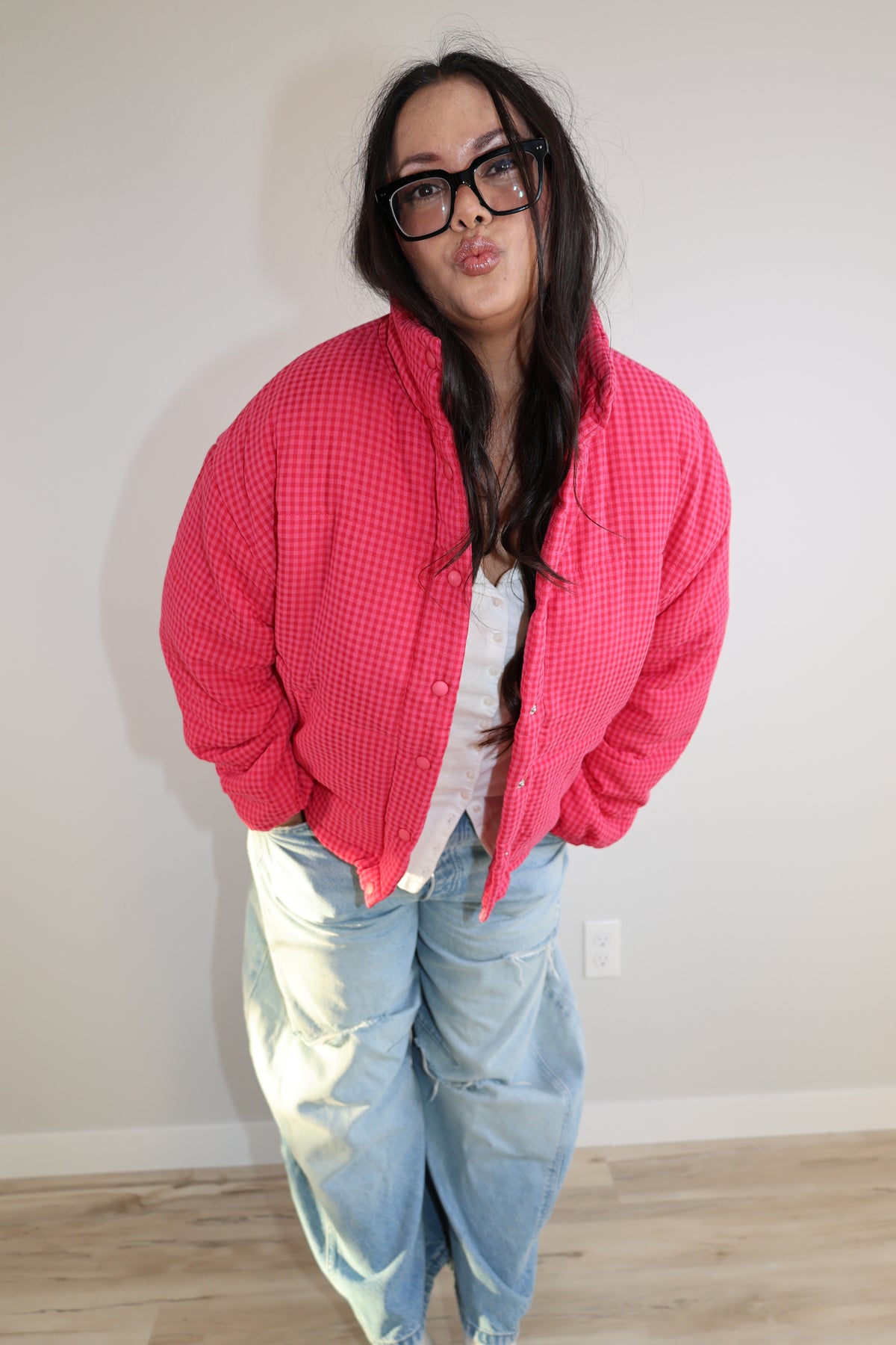 Call Me Later checkered puffer jacket