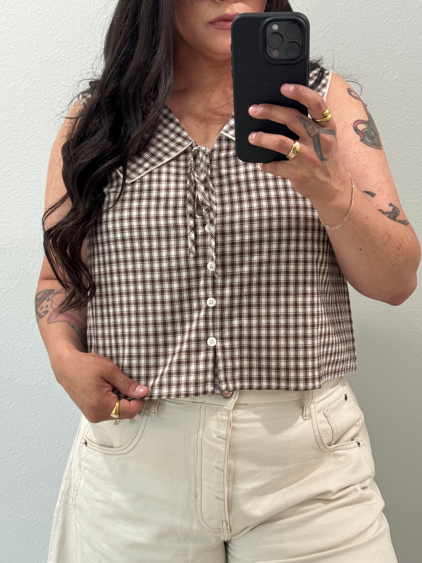Wishlist - Brown Gingham Collared Tank