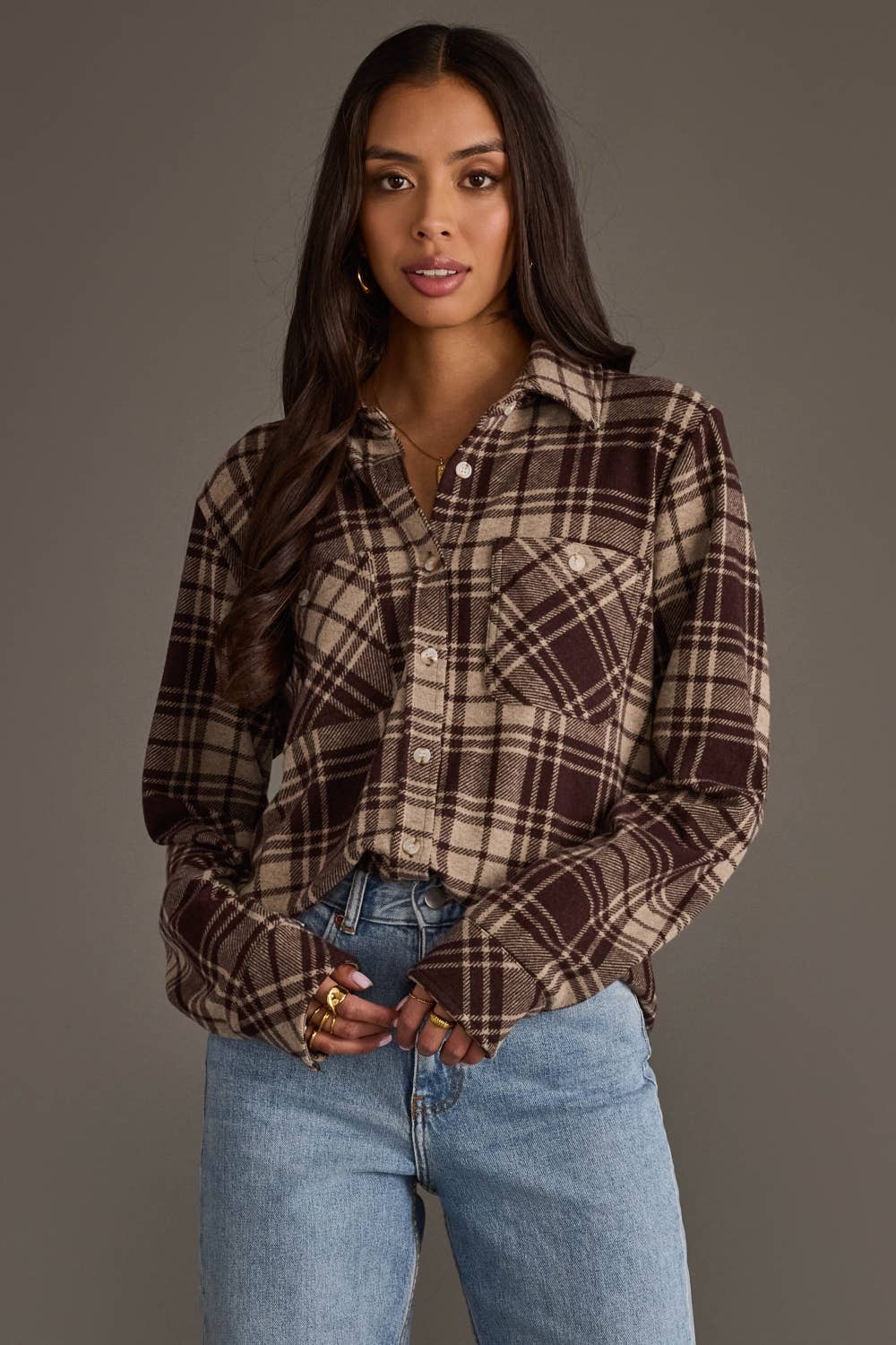 Panache Apparel Co. - Chocolate Brown & Tan Plaid Button Up