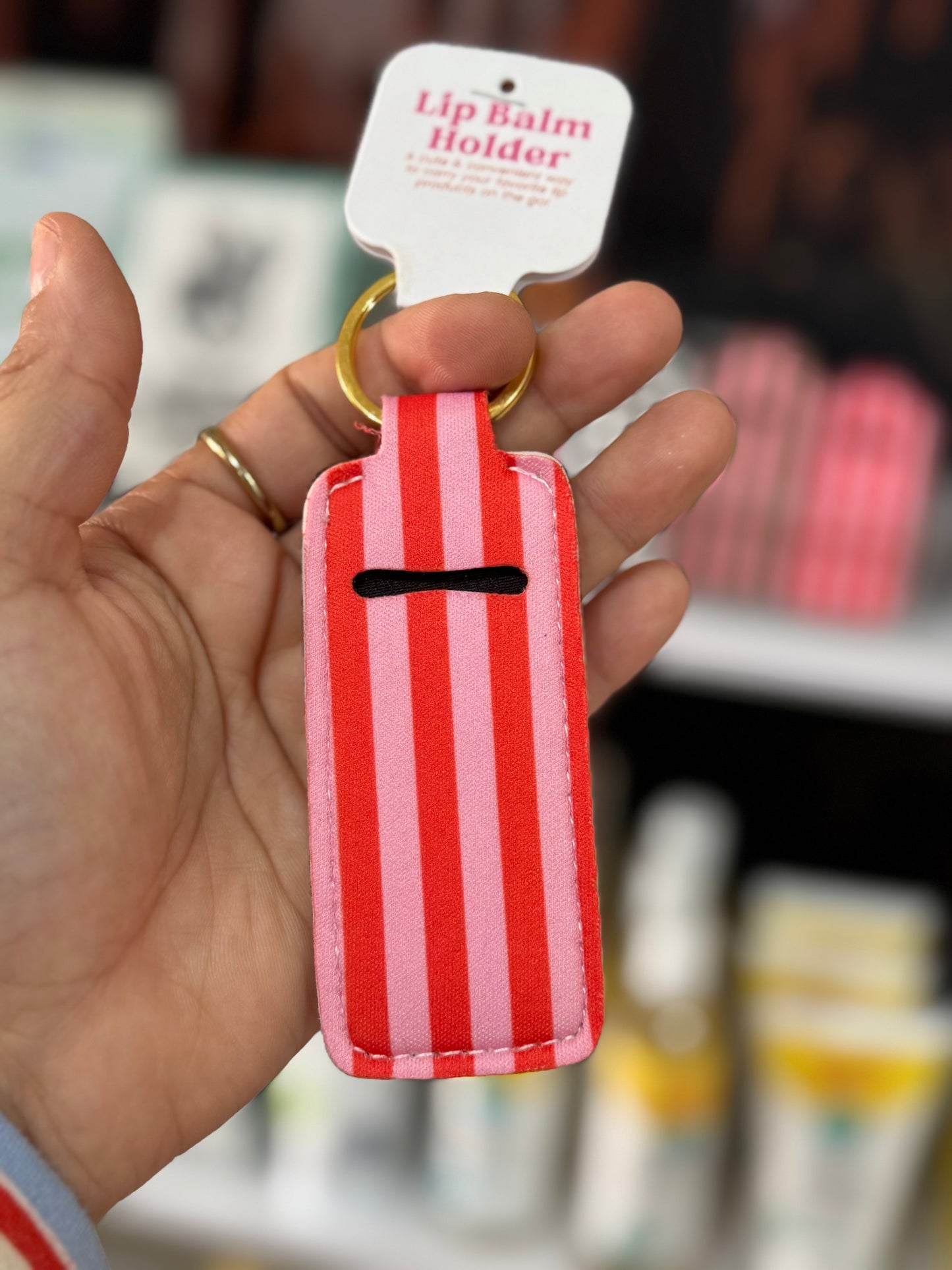 Elle Nicole - Lip Balm Keychain Holder - Pink & Red Stripes