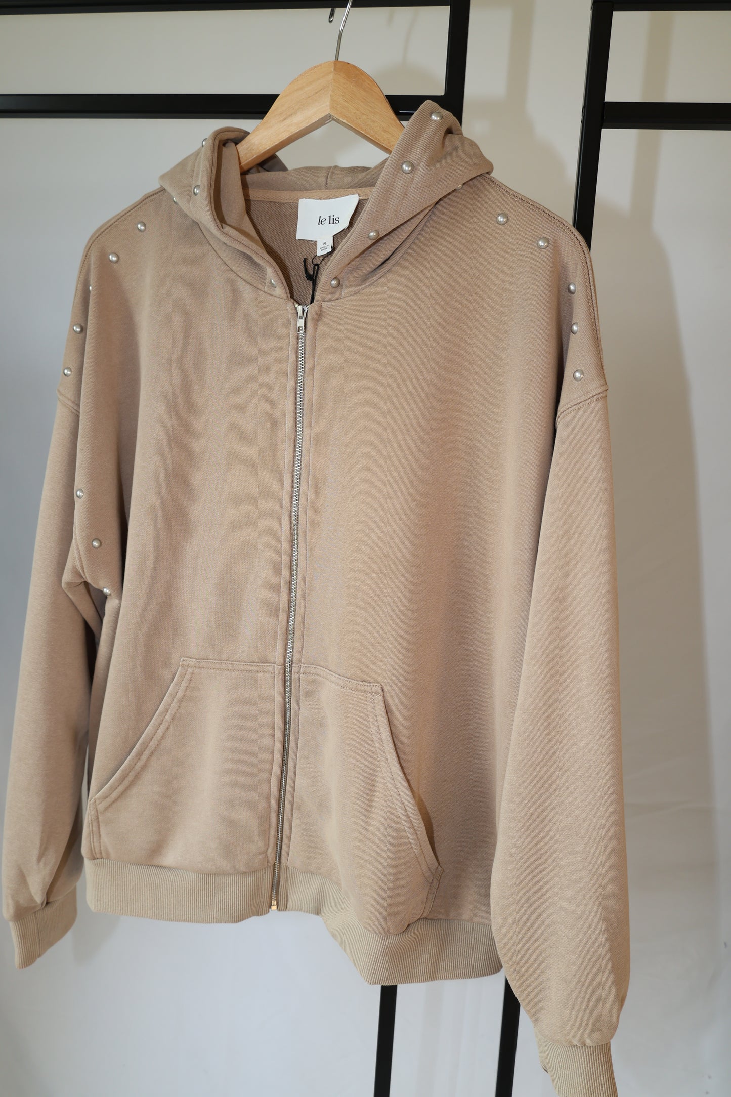 Le Lis - Beige Washed Effect Studded Zip-up Hoodie