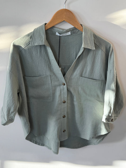 Mustard Seed - Olive Short Sleeve Cropped Button-front Top
